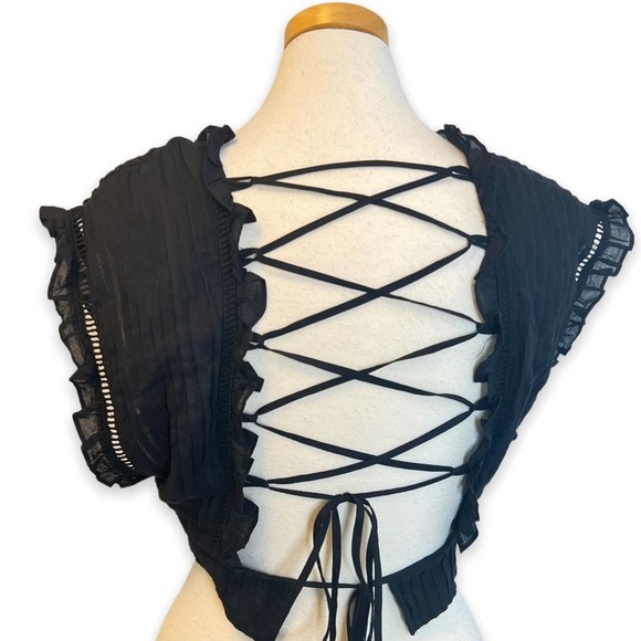 SIR The Label Ciel Lace Up Back Pleated Crop Top Black - Picture 3 of 9